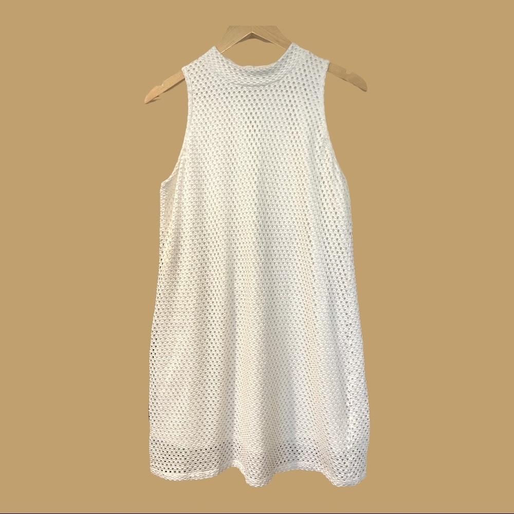 White Eyelet Sleeveless Knit Mock Neck Dress
